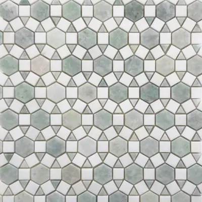 Granada Light Verdi Cristallo Honed & Thassos Mosaic